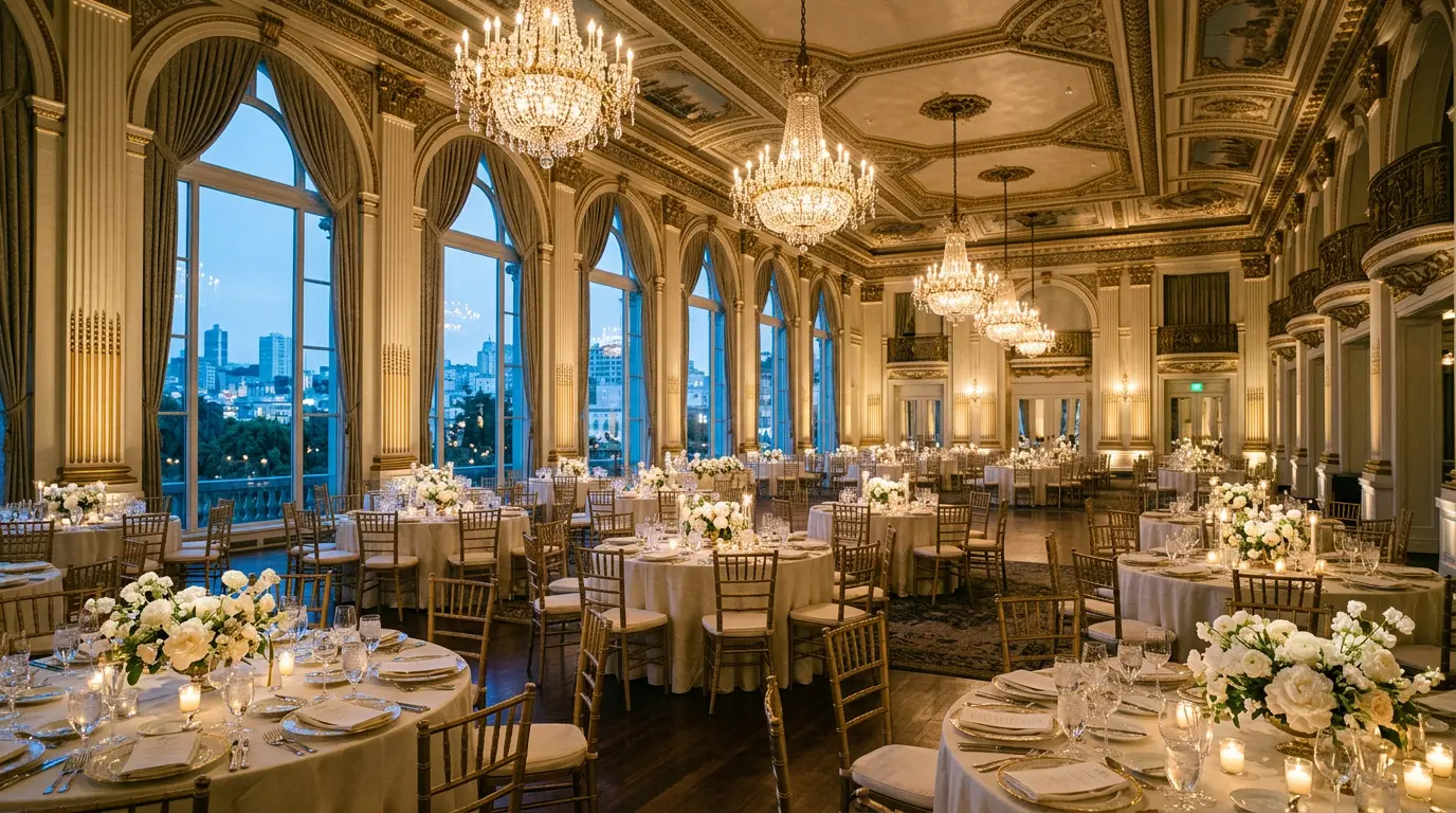 A Beaux-Arts hall with arched windows and chandeliers, set with ivory linens and white spring florals